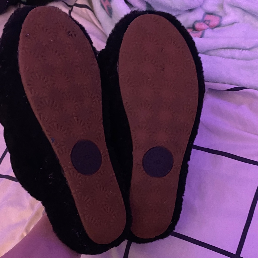 UGG Black Fluffy Slides with Logo Strap - Picture 4 of 6